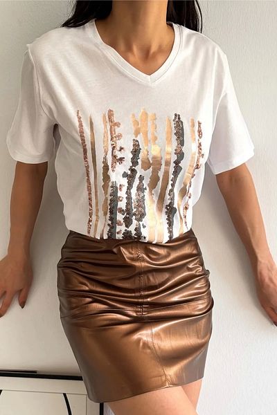 Bİ.GİYSEN Women's White V-Neck Front Sequined Embroidered 100% Cotton Combed Cotton Blouse