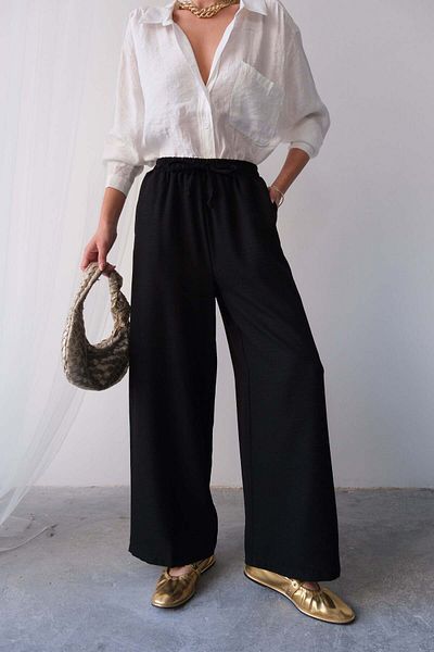 Hatun Atila Summer Relaxed Cut High Waist Rope Lace-Up Wide Leg Loose Palazzo Pants - Black