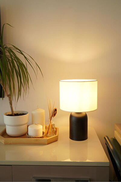 retro home design Siyah Sıvama Ayaklı Beyaz Silindir Şapkalı Masa Lambası Abajur