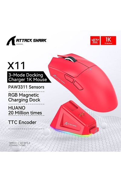 Choice Red Attack Shark X11 Black Bluetooth Wireless Mouse Three Mode 2.4G PAW3311 RGB PC Magnetic chargi