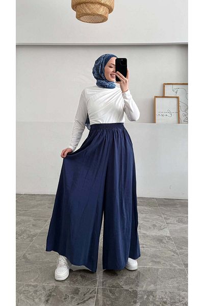 Hatun Atila Pantaloni cu fustă modal cu picioare largi cu talie elastică - bleumarin