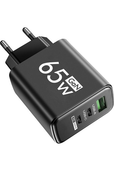 Henruisi EU Black 65W GaN Type C PD Charger 3 Ports USB Fast Charging Cellphone Adapter Quick Charger 3.0 For