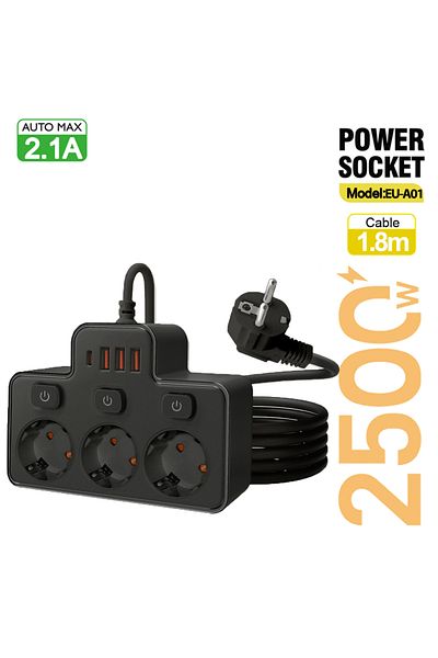 Choice EU Plug 1.8m Black EU AC Plug Power Strip Wall Mounted Independent Switch Multitap Socket Network Fi