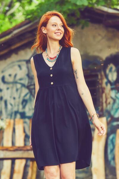 Los banditos V Neck Button Detailed Sleeveless Authentic Dress