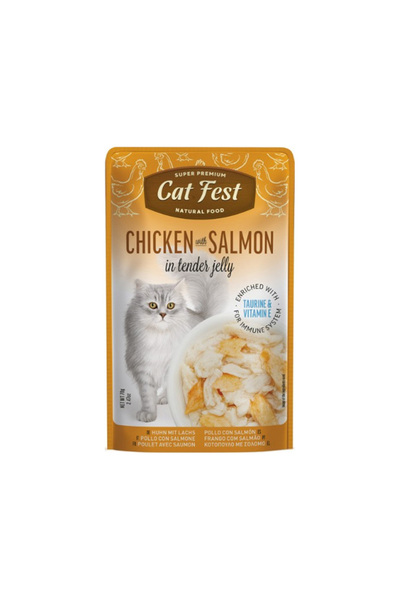 Cat Fest دجاج مع سمك السلمون في جيلي طري للقطط 70 جرام عبوة من 12 قطعة