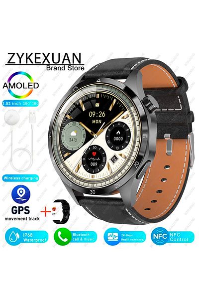 ZYKEXUAN GPS NFC Smart Watch Black leather For HUAWEI IOS Outdoor Sport GPS Smart Watch Men 1.53-inch HD AMOL