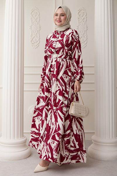 InStyle Rochie din viscoză burgundă cu model de perie cu nasturi