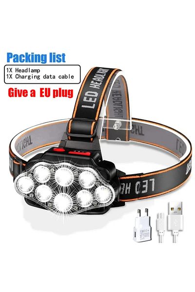 Choice 8LED-EU Plug USB Rechargeable Headlamp High Lumen Bright Head Lamp with 8 LED Headlight 4 Mode IPX4