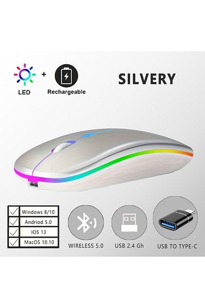 Choice ماوس ألعاب لاسلكي فضي قابل لإعادة الشحن مزود بإضاءة خلفية LED وبلوتوث مع محول من النوع C