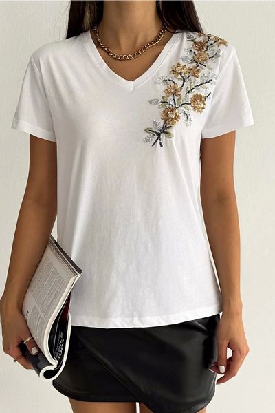 Bİ.GİYSEN Women's White V-Neck Shoulder Ivy Sequin Embroidered 100% Cotton Combed Cotton Blouse