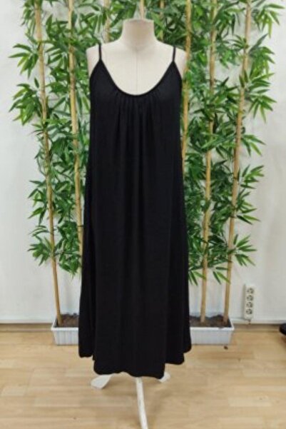 Mossta Relaxed Cut Viscose Dress with Rope Straps and Pockets Black