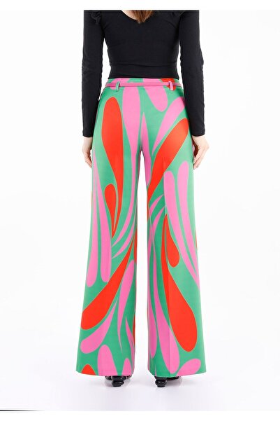 Guzella Maxi Length Waist Belted Digital Printed Fuchsia Wide Leg Trousers
