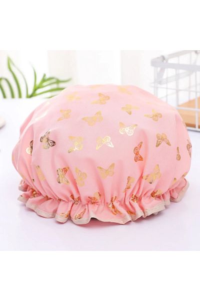 choice2 Pink kmk 【Hot sales】Double Shower Cap Waterproof Hair Cap Hot Gold Printed Terylene Cotton Shower Ca