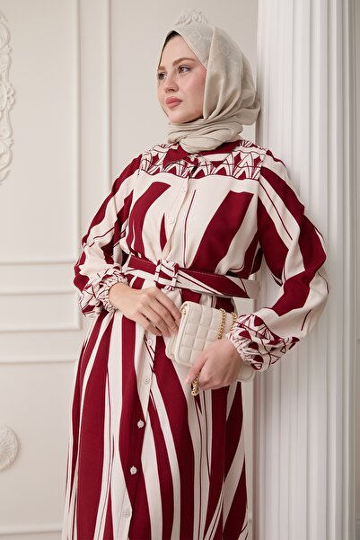 InStyle Desenli Kemerli Kırmızı Viskon Elbise