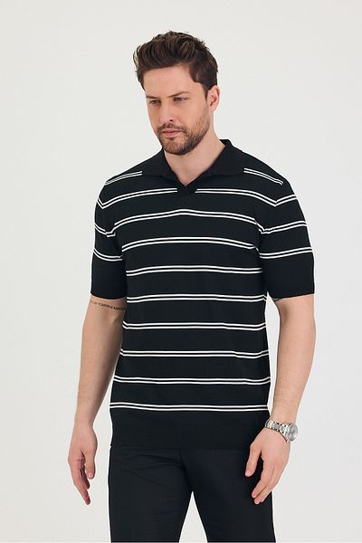 COOL TARZ Ανδρικό μπλουζάκι Polo Neck Λευκό Μαύρο Πλεκτό με Λεπτομέρεια Διπλής Γραμμής