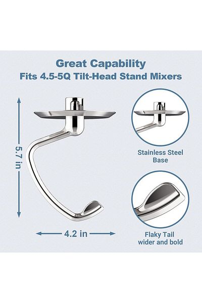 Choice Stainless Dough Hook Dishwasher Safe,Polished Stainless Steel Dough Hook for Kitchenaid Mixer, Fits