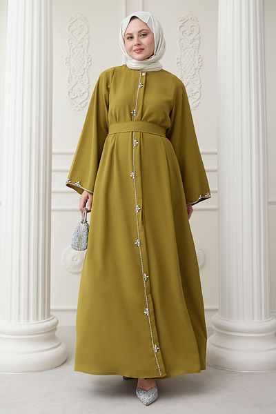 InStyle Long Flower Stone Detail Ferace Oil Green
