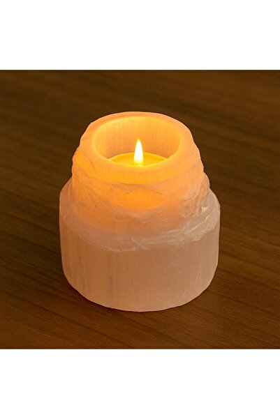 Taş Sandığı Selenit Taşı Mumluk - 8 cm - Kule Şeklinde