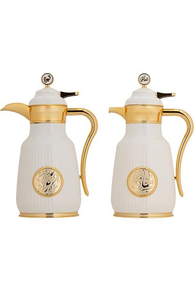 ALSAIF Coffee And Tea Vaccum Flask Set In Ivory/gold / Leak-proof And Keeps Drinks Hot 1.0/1.0 Liter