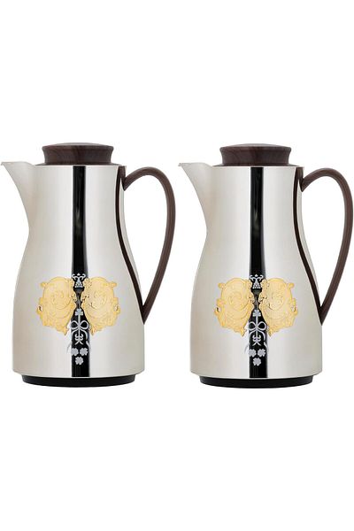 ALSAIF Coffee And Tea Vaccum Flask Set In Nickel/wooden/gold / Leak-proof And Keeps Drinks Hot 1.0/1.0l
