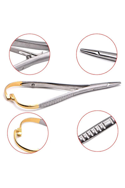 Choice ملقط حامل إبرة ذو رأس مستقيم لطب الأسنان، مقبض منحني مطلي بالذهب، مقبض...