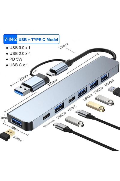 Choice موزع USB 7 في 2 مع USB C، موزع USB 3.0، موسع USB 7 في 1 من الألومنيوم، موزع USB مع منفذ USB 3.0 واحد