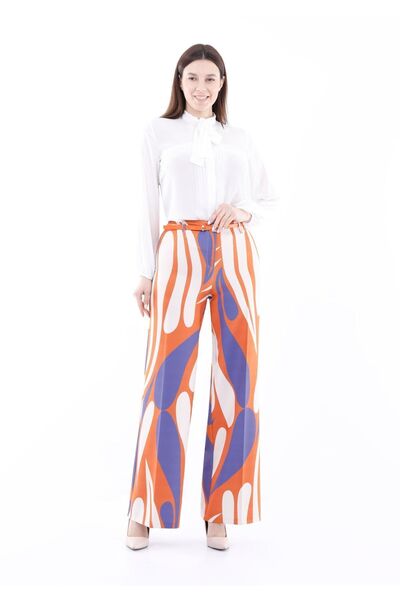 Guzella Neon Orange Maxi Boy - Digital Printed and Belted Wide Leg Trousers