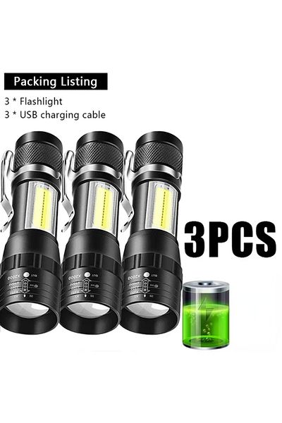 Choice 3pcs KDULIT Portable Zoom LED Rechargeable Flashlight 3 Lighting Mode Camping Light Mini Torch Built