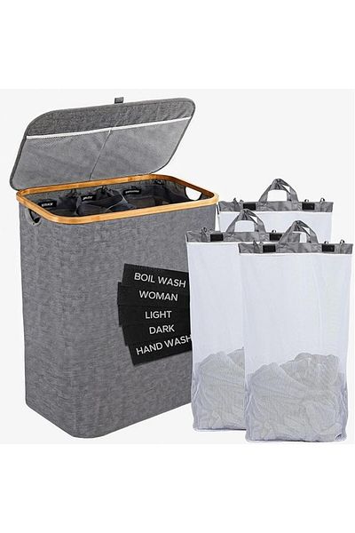 COOYA 150L Laundry Hamper, Large Collapsible Laundry Basket with Lid, 3 Removable Inner Bags & 5 Labels