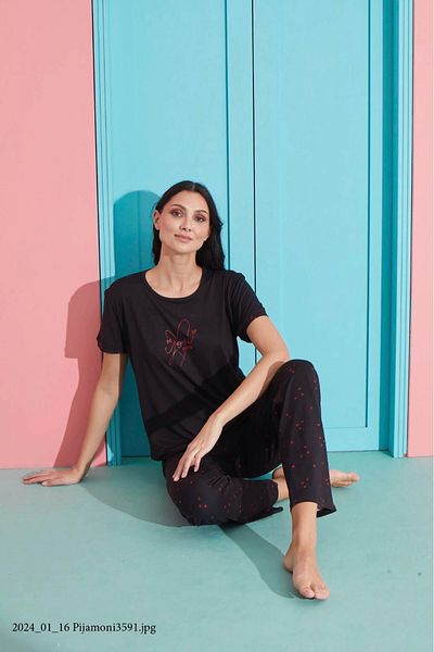 Pijamoni Milan Fabric Heart Patterned Black Pajama Set - 7605