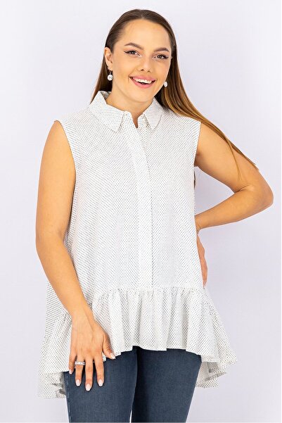 Uterqüe Women Spread Collar Sleeveless Polka Dots, Top, White