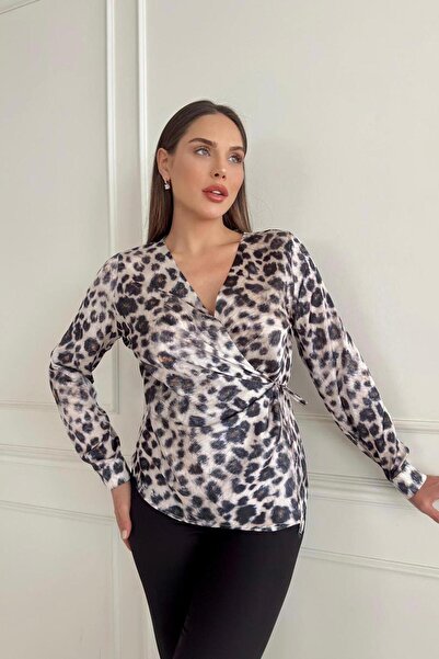 Flame İstanbul Butik Leopard Patterned Side Tie Blouse - Stp1289