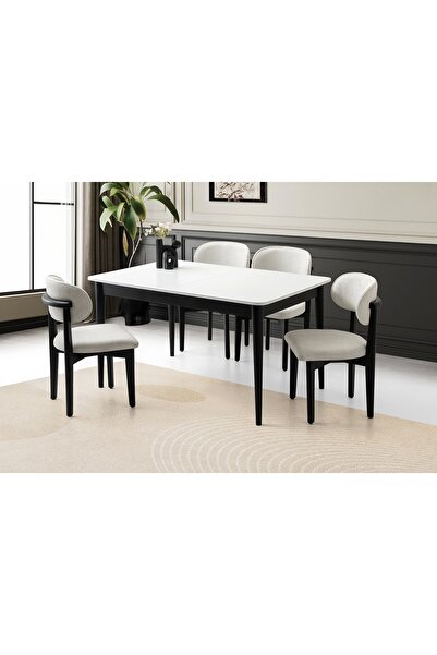 Evistro Fidan Beyaz Ahşap Salon Yemek Masa Sandalye Takımı 4 Nergis Sandalyel...
