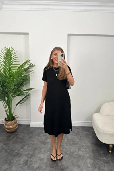 Mossta Slit Detailed Relaxed Cut Viscose Dress Black