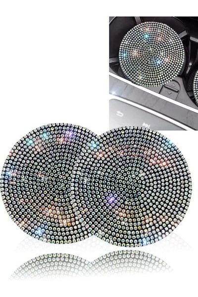 Choice 2 pcs colorful 2pcs Cute Bling Car Cup Holder Coaster Mat with Rhinestone for Women Girl Universal A