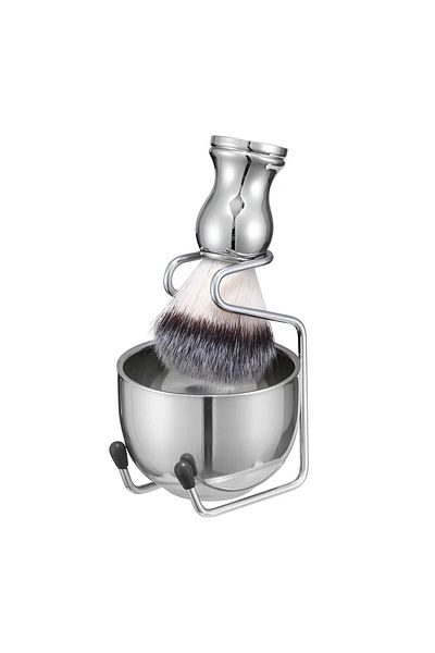Choice Silver 3in1 Vegan Style Synthetic Badger Hair Shaving Brush, Stainless Steel Shaving Soap Bowl And B