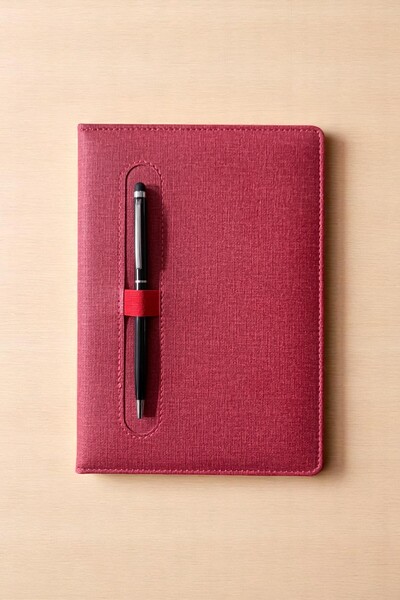 nesnelgift Modern Design Pen Agenda Claret Red Fabric Covering - Metal Pen with Black Touchpen as a Gift