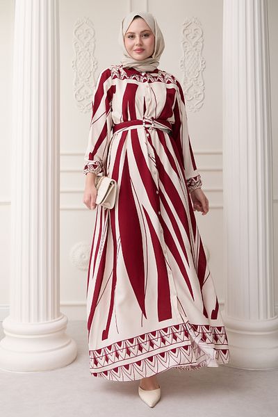 InStyle Patterned Belted Red Viscose Dress
