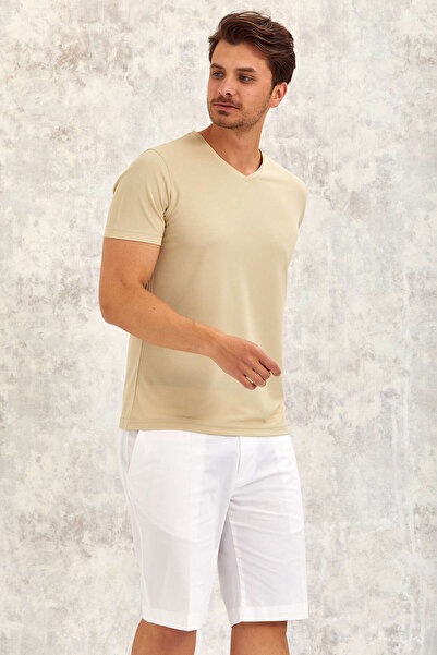 SMILE Gımaldo Beige V-Neck Basic T-Shirt