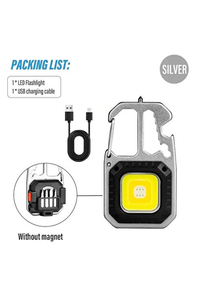 ZHIYU سلسلة مفاتيح فضية صغيرة LED متعددة الوظائف محمولة مصباح يدوي للطوارئ COB مصباح عمل قابل لإعادة الشحن عبر USB