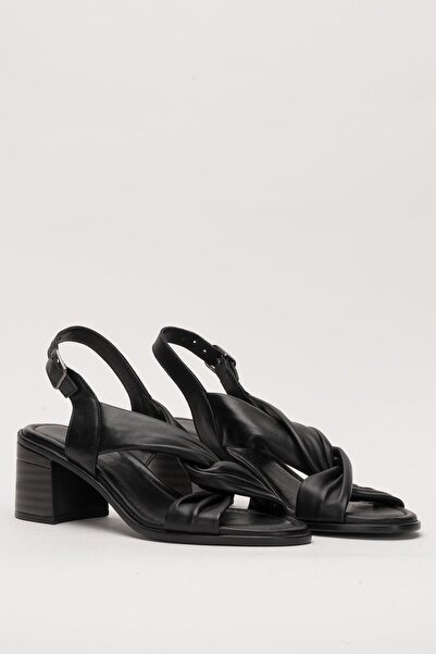 DİVA Μαύρο Δερμάτινο Γυναικείο Καθημερινό Φόρεμα με Τακούνι και Κόμπους Σανδάλια