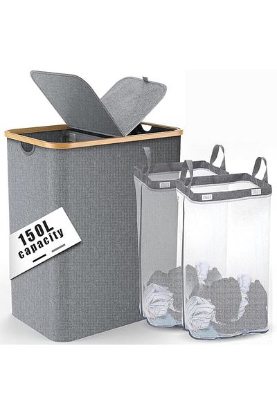 COOYA 150L Laundry Hamper Large Foldable Dirty Clothes Laundry Basket with Lid and 2 Removable Inner Bags