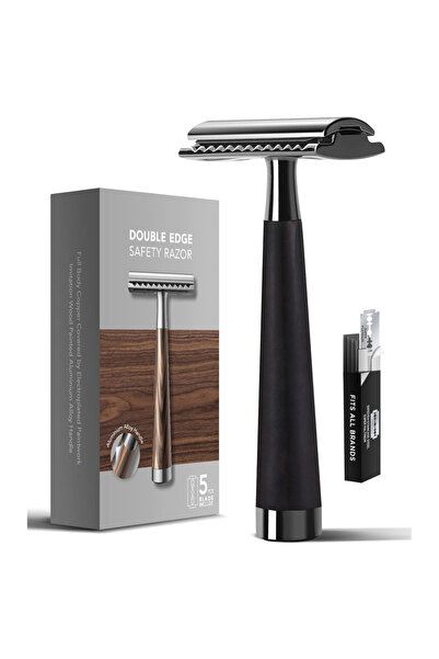 choice2 Black Razor Double Edge Safety Razor, Faux Wood Zinc Alloy Handle Razor with 5 Swiss Stainless Steel