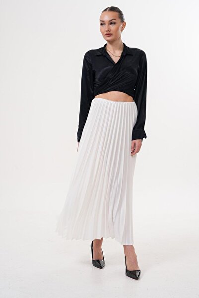 Flame İstanbul Butik Fusta albă din satin plisat cu talie elastică - SRP9438