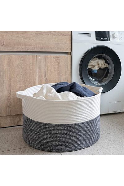 COOYA Laundry Basket, Large Cotton Rope Basket 55 x 55 x 35cm with Handle Comforter Storage Hamper, Gray