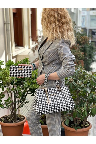 Pandora Bags Houndstooth Patterned Shoulder and Sleeve Dress and Wallet Set
