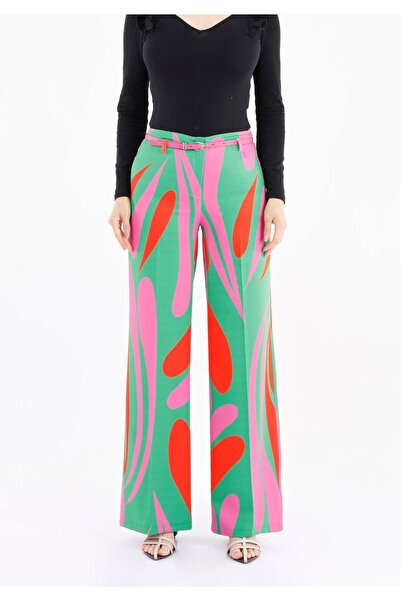 Guzella Maxi Length Waist Belted Digital Printed Fuchsia Wide Leg Trousers