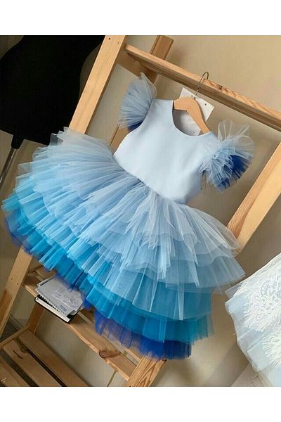 Asel Kids Girl's Blue Rubble Towel Detailed Party Dress