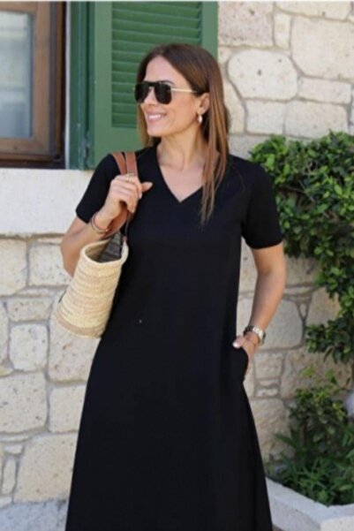 Mossta Black Short Sleeve Dress - Minimalist Design, Comfortable Casual Dress