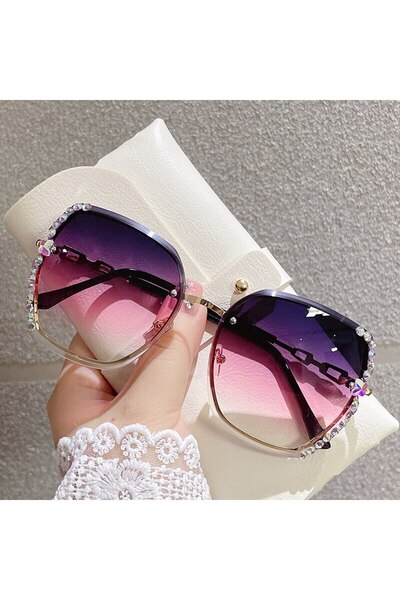 Choice GOLD-Purple Pink Gold Rhinestone Decor Rimless Fashion Sunglasses For ...